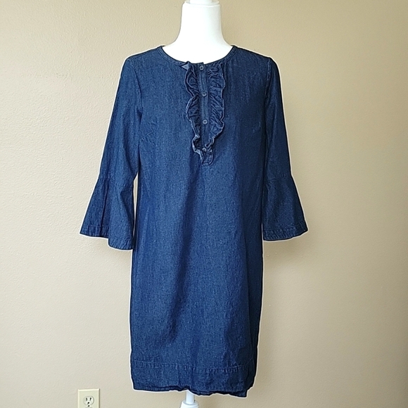 Draper James Chambray Denim Ruffle Shift Dress - Size 6 - Picture 1 of 7